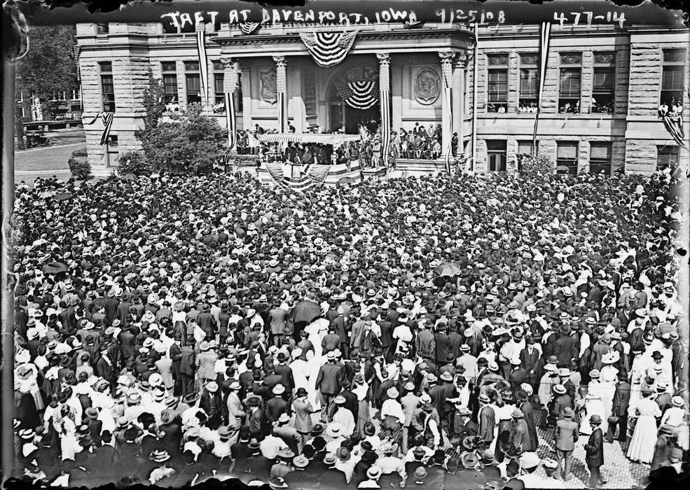 speech, politics, william howard taft, rally, bunting, president, history of Iowa, Library of Congress, Iowa History, hat, Main Streets & Town Squares, flag, Civic Engagement, Iowa, crowd, architecture
