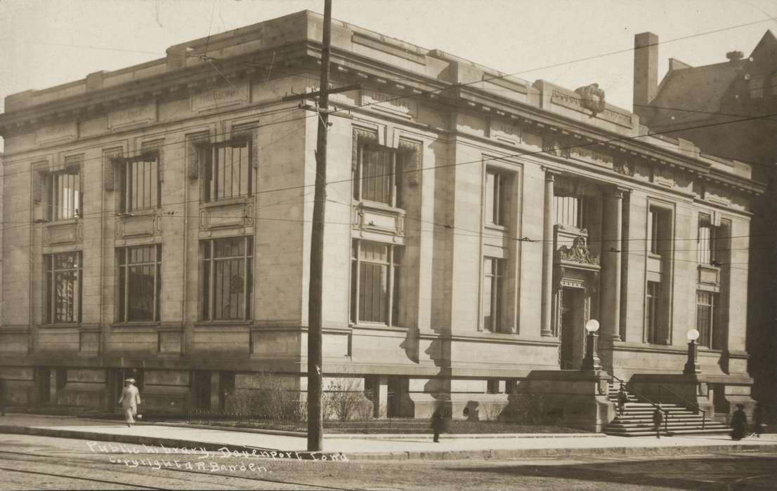 Main Streets & Town Squares, history of Iowa, window, corner, sidewalk, Library of Congress, Cities and Towns, Iowa, Iowa History, Schools and Education, architecture