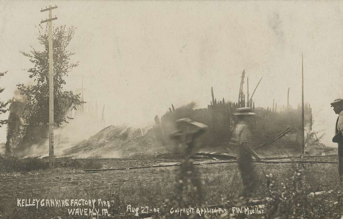 burning, Iowa History, Businesses and Factories, kelley canning co., history of Iowa, smoke, power line, debris, Meyer, Mary, Iowa, fire