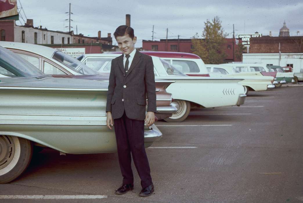 history of Iowa, Campopiano Von Klimo, Melinda, Des Moines, IA, parking lot, white wall tire, Portraits - Individual, chevy bel air, Iowa History, Iowa, chevy, suit, Motorized Vehicles, capitol, Children
