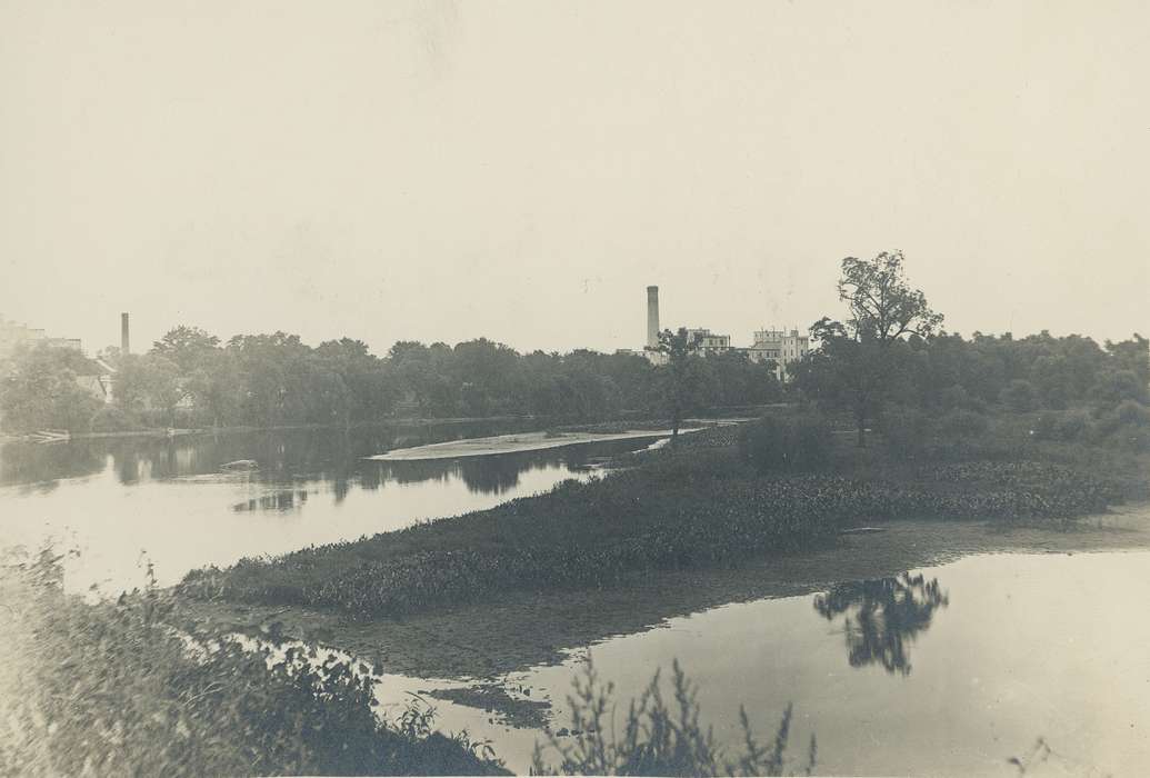 cedar river, Waverly Public Library, Lakes, Rivers, and Streams, factory, landscape, Iowa History, Waverly, IA, Landscapes, correct date needed, smokestack, Iowa, history of Iowa, Businesses and Factories
