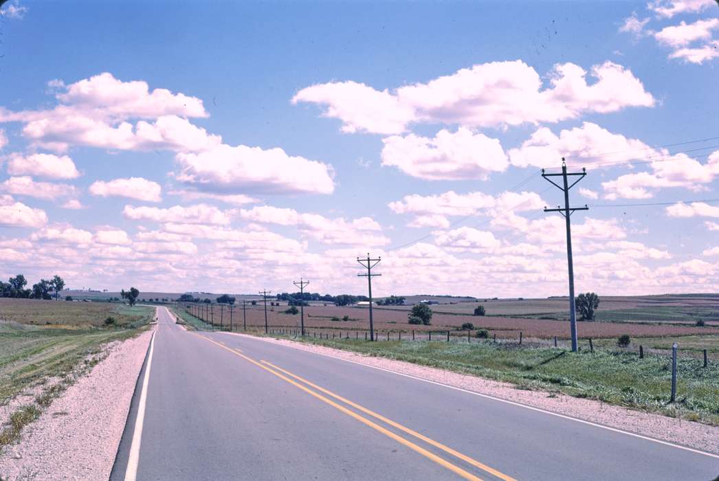 Iowa, clouds, country, road, history of Iowa, Iowa History, Library of Congress, blue sky, field, Landscapes, power line
