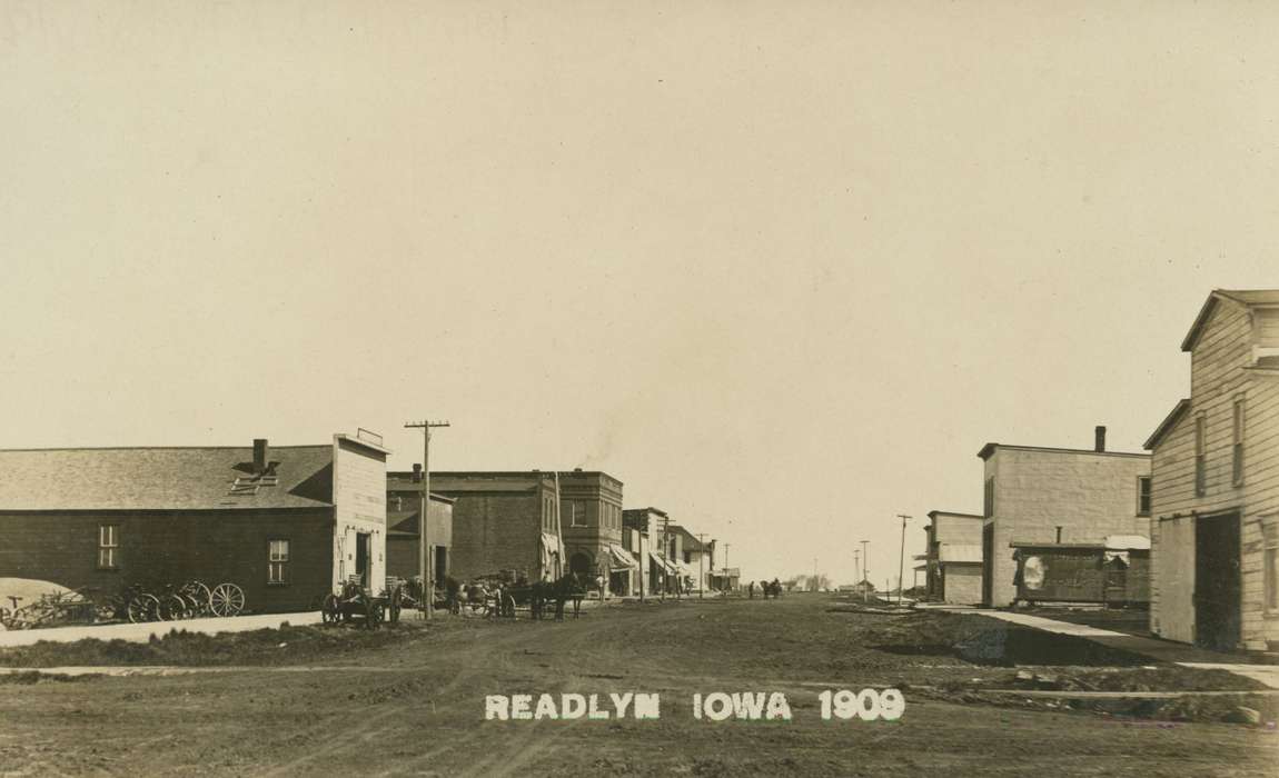 Marvets, Peggy, road, street, Animals, Cities and Towns, horse, history of Iowa, Readlyn, IA, dirt street, Main Streets & Town Squares, store, mud, Iowa History, Iowa, shop