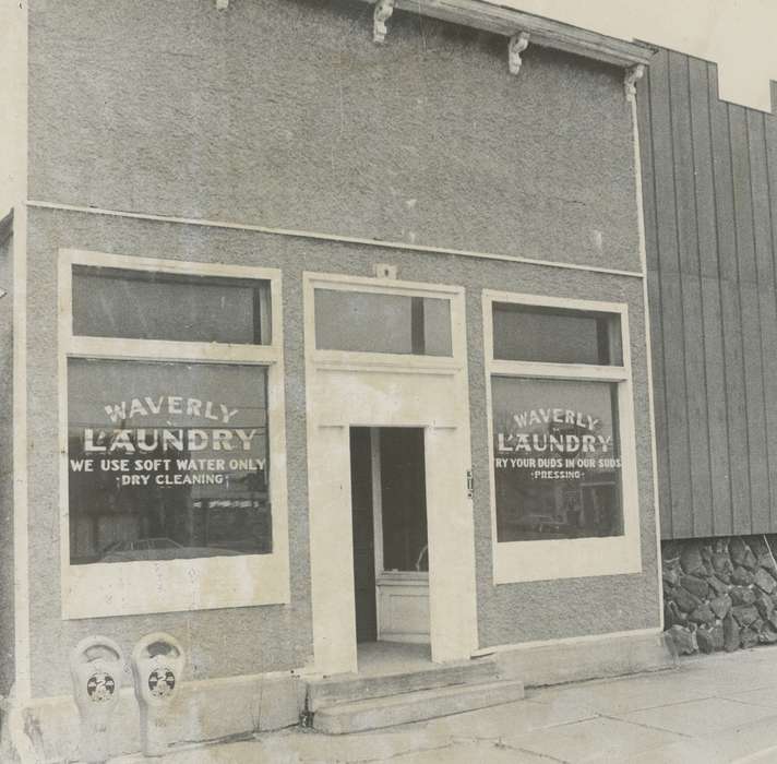 Businesses and Factories, history of Iowa, parking meter, doorway, laundry, sign, Waverly Public Library, stairs, Iowa, Waverly, IA, Iowa History, correct date needed, building, Cities and Towns, Main Streets & Town Squares