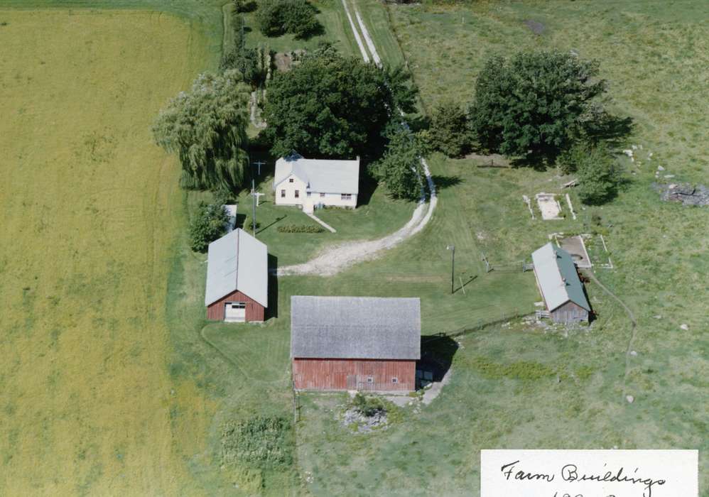 Farms, Aerial Shots, trees, Hahn, Cindy, history of Iowa, Sumner, IA, Barns, Iowa History, Iowa, driveway, grass