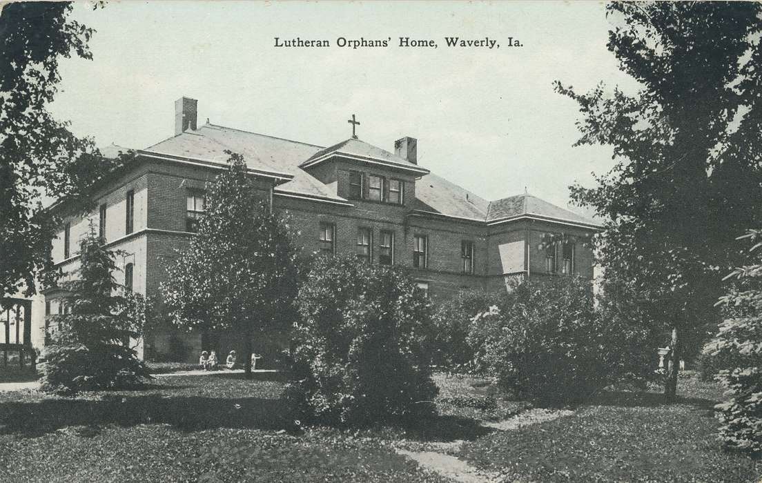 windows, Waverly, Photos, cross, dirt path, ia, history, Iowa, Landscapes, front yard, Homes, Bremer, Meyer, Mary, IA, brick building, orphanage, Cities and Towns, chimney, Religious Structures, historic, trees, United States