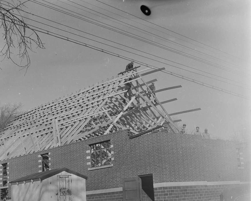 history, construction, Photos, power lines, Labor and Occupations, Religion, Iowa, IA, wooden supports, Religious Structures, brick building, United States, ia, Coon Rapids Enterprise, roofing, historic, men at work, Coon Rapids