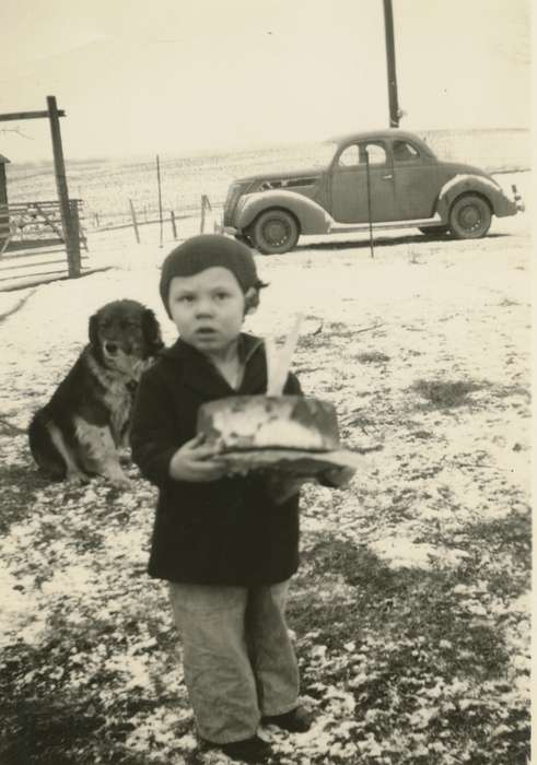 Children, cake, snow, birthday, Iowa History, car, Portraits - Individual, Iowa, Saathoff, Drucinda, Food and Meals, Farms, dog, Bradgate, IA, history of Iowa, Animals, Motorized Vehicles