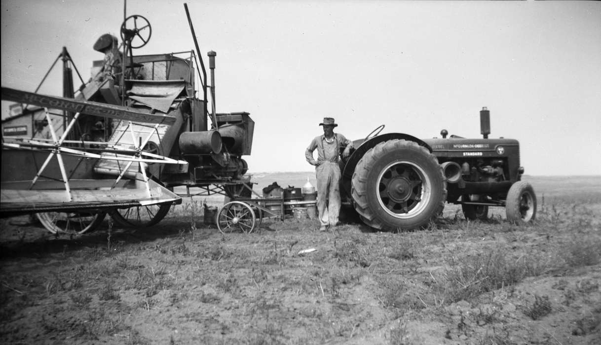 history of Iowa, Neola, IA, Motorized Vehicles, Dawson, Kathy, Iowa, Iowa History, Farms, Farming Equipment, Portraits - Individual, tractor, harvest, wheat