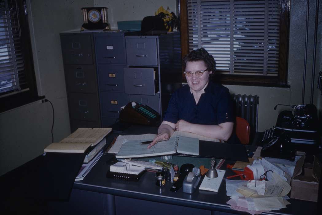 glasses, papers, desk, Businesses and Factories, Western Home Communities, office, clock, Portraits - Individual, Iowa History, Iowa, dress, history of Iowa