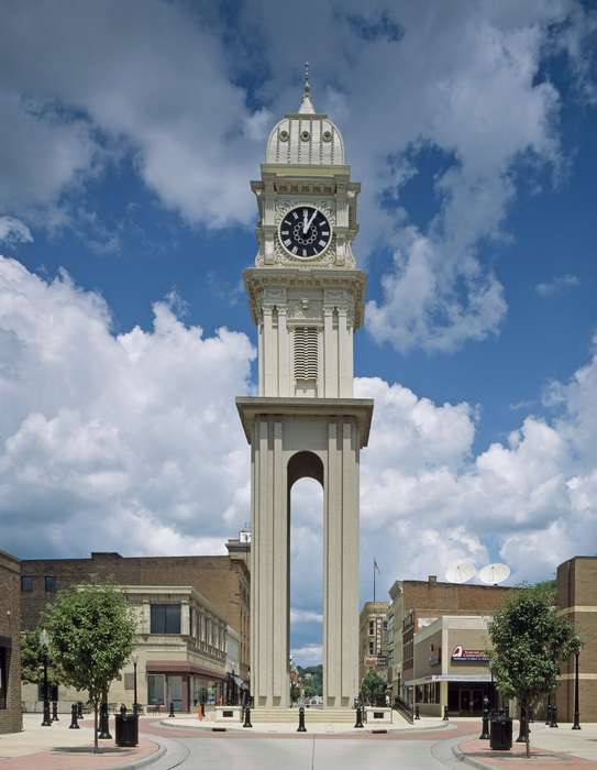 sidewalk, Cities and Towns, brick building, Iowa History, Main Streets & Town Squares, tree, history of Iowa, clock tower, Library of Congress, Iowa, Businesses and Factories