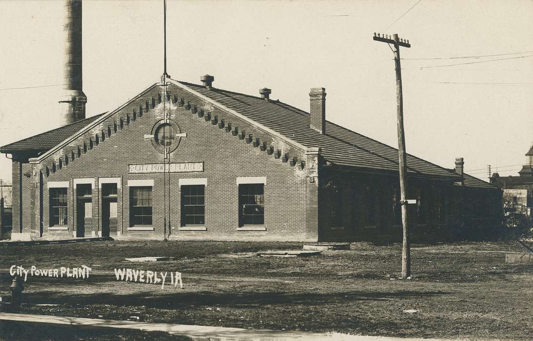 Iowa History, chimney, Businesses and Factories, iowa, Iowa, brick building, history of Iowa, power line, Meyer, Mary, roof, waverly, large windows, city, power plant, circle window