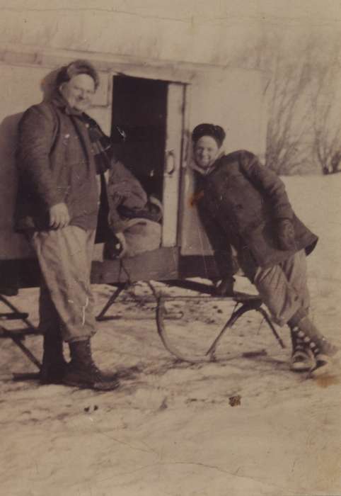 Labor and Occupations, delivery service, Ihnen, Lorraine, Iowa History, ice delivery, sleigh, Winter, Portraits - Group, Iowa, business owner, iceman, ice, coat, inventor, Hanlontown, IA, history of Iowa, delivery