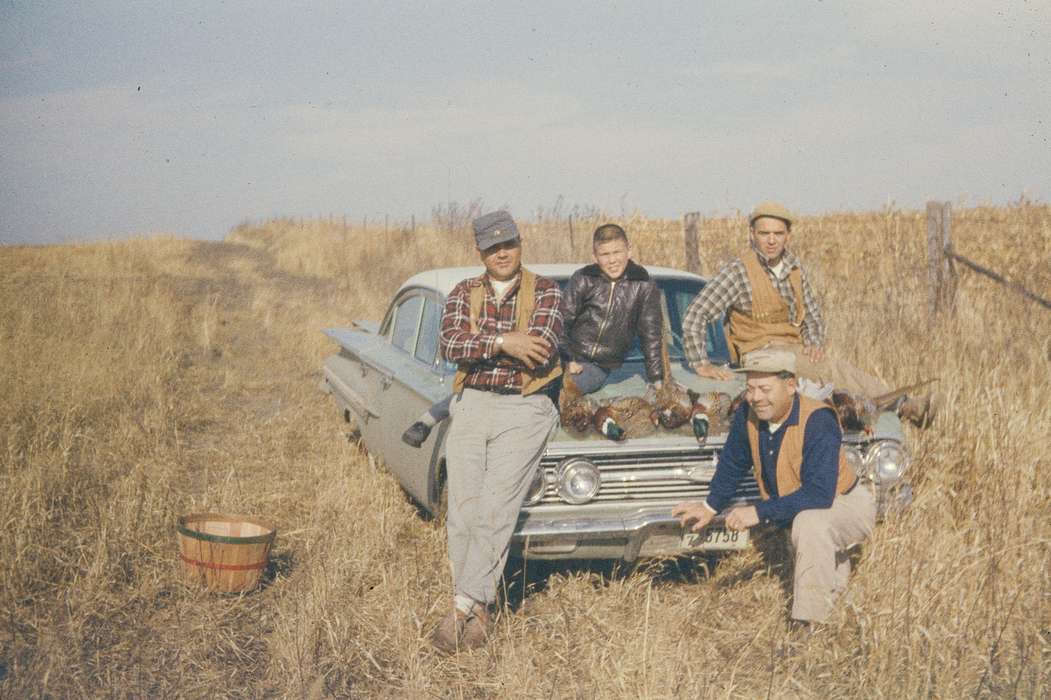 hunting, flannel, bird hunting, field, Iowa History, ring-necked pheasant, Portraits - Group, chevy, pheasant, Animals, USA, chevy bel air, Iowa, history of Iowa, Campopiano Von Klimo, Melinda, Motorized Vehicles, Outdoor Recreation