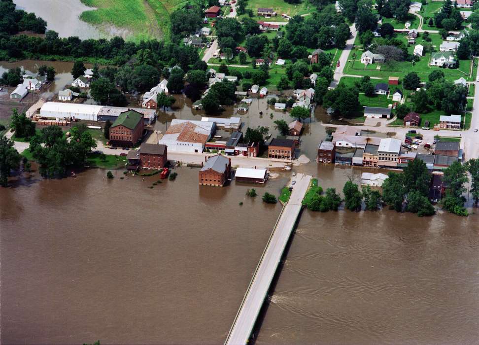 Cities and Towns, Bonaparte, IA, Businesses and Factories, Floods, parking lot, bridge, river, field, Iowa History, Iowa, Aerial Shots, downtown, history of Iowa, Main Streets & Town Squares, Lemberger, LeAnn