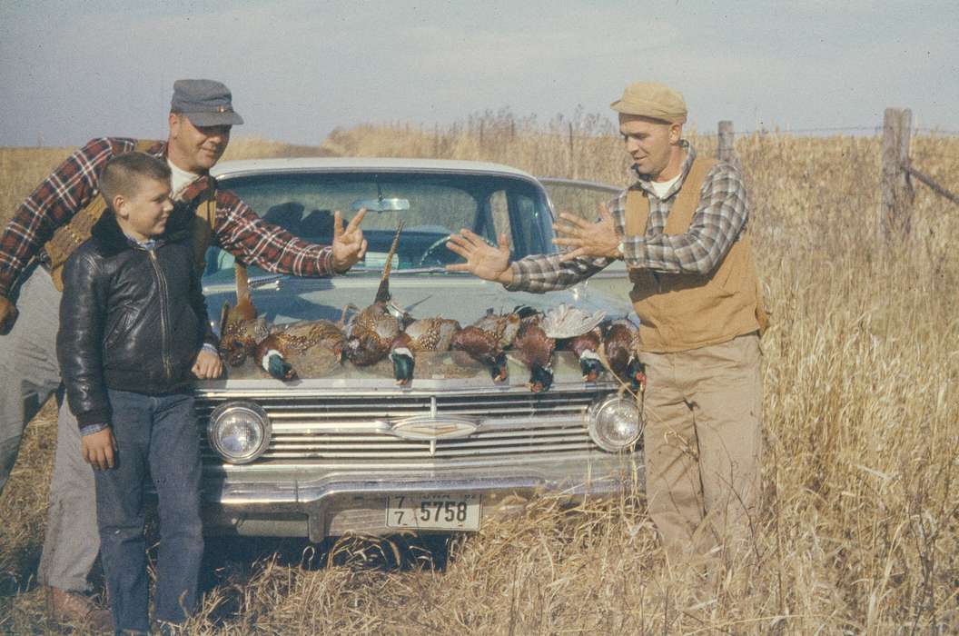 flannel, USA, Iowa, Outdoor Recreation, Campopiano Von Klimo, Melinda, Portraits - Group, Animals, car, chevy, Motorized Vehicles, chevy bel air, car hood, Iowa History, history of Iowa, hunting, bird hunting, pheasant, ring-necked pheasant