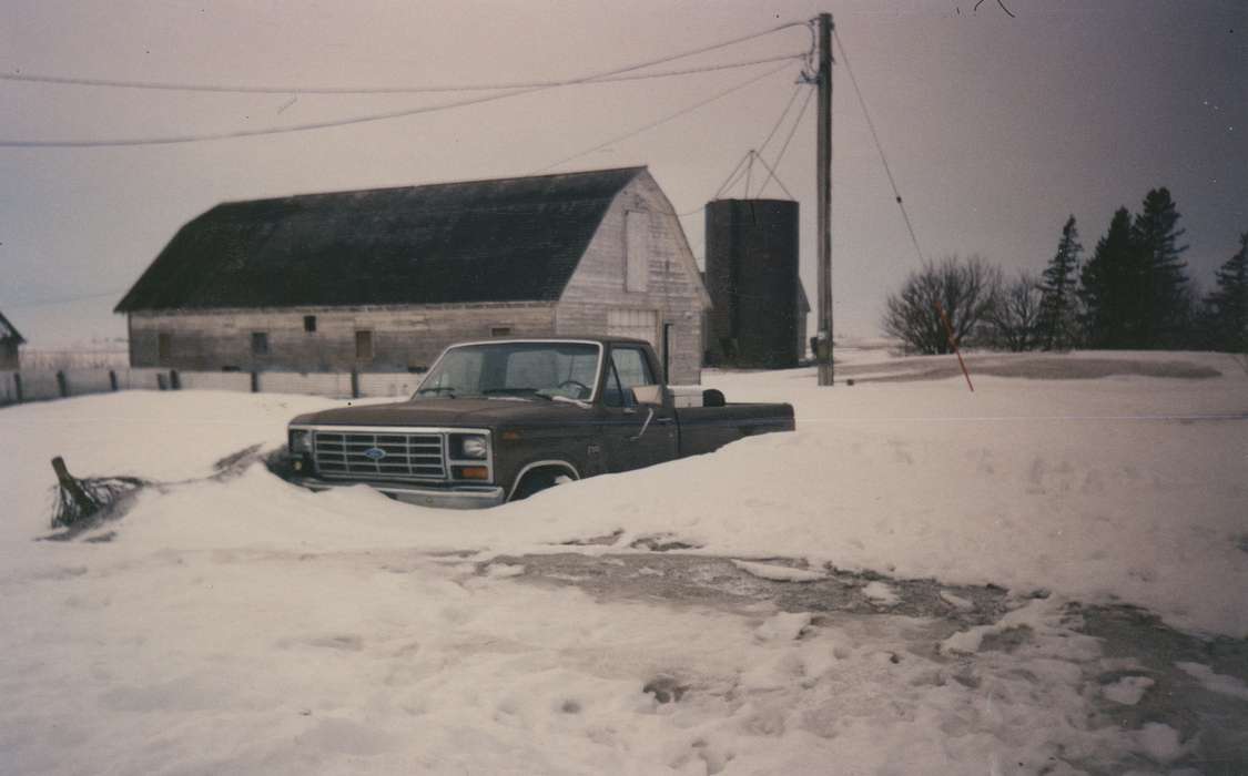Barns, Volker, Kurt, snow, Titonka, IA, Iowa History, truck, Winter, Iowa, Motorized Vehicles, history of Iowa, barn, ford