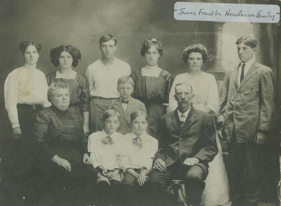 twins, family, Iowa, Iowa History, Logan, IA, suit, bow, Families, Henderson, Dan, Portraits - Group, mustache, history of Iowa