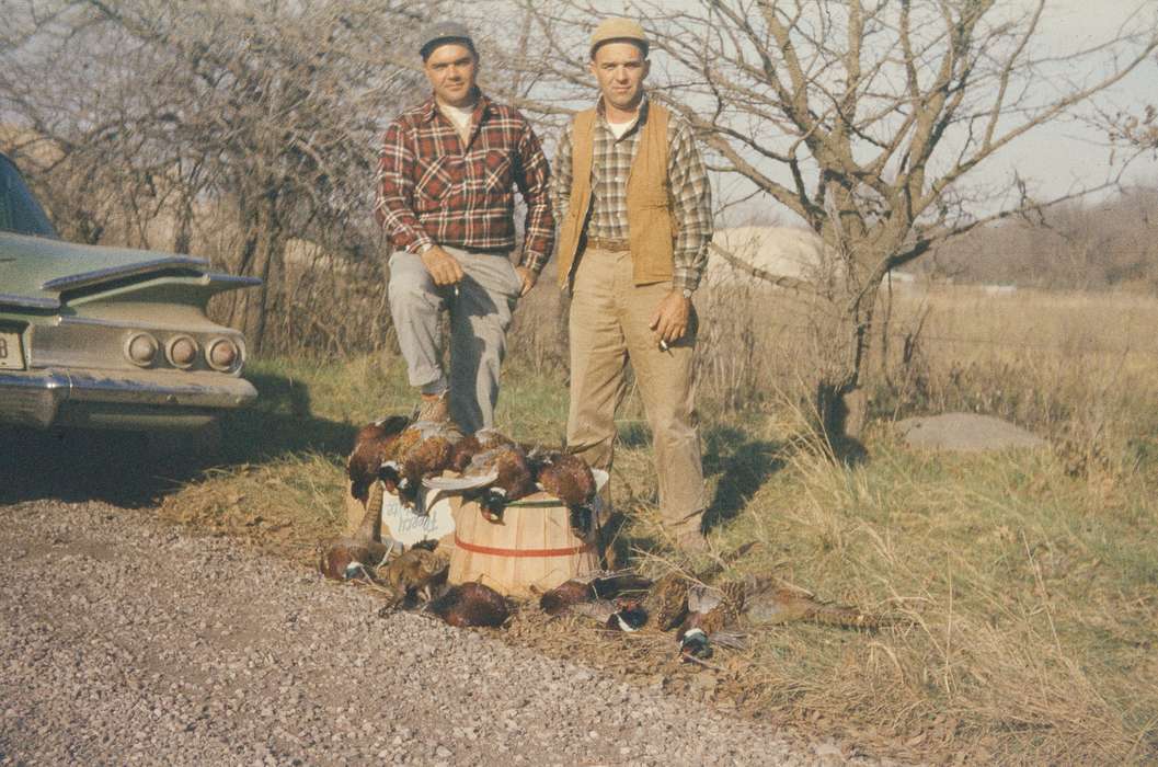 hunting, bird hunting, ring-necked pheasant, Iowa History, flannel, Outdoor Recreation, Portraits - Group, Iowa, Campopiano Von Klimo, Melinda, pheasant, chevy bel air, IA, tail light, history of Iowa, Animals, chevy