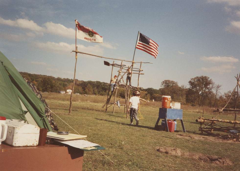 camp, american flag, boy scout, tent, Waverly Public Library, Civic Engagement, Outdoor Recreation, Waverly, IA, Iowa History, tower, Iowa, history of Iowa, boy, Children