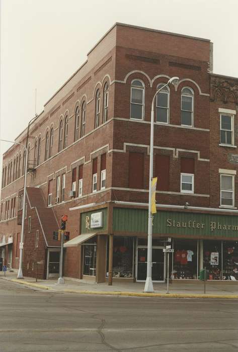 Businesses and Factories, Iowa History, mainstreet, brick building, Waverly, IA, Iowa, drugstore, lamppost, Waverly Public Library, Main Streets & Town Squares, Cities and Towns, history of Iowa