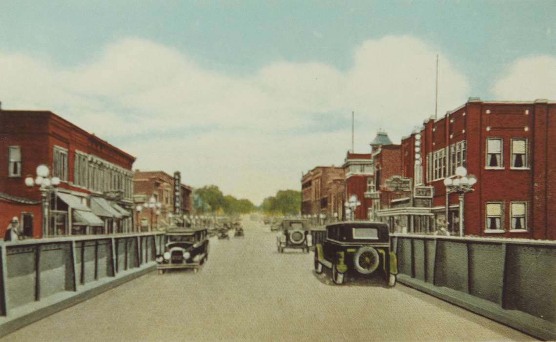 buildings, automobile, Waverly Public Library, Cities and Towns, bridge, Iowa History, Waverly, IA, Main Streets & Town Squares, Iowa, history of Iowa, Motorized Vehicles
