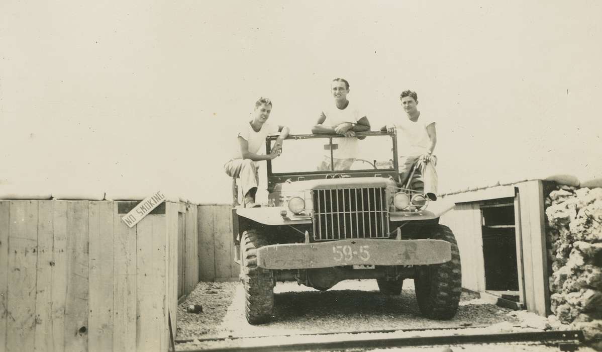 Military and Veterans, Saipan, Iowa, Iowa History, Portraits - Group, Motorized Vehicles, history of Iowa, jeep, Fink-Bowman, Janna