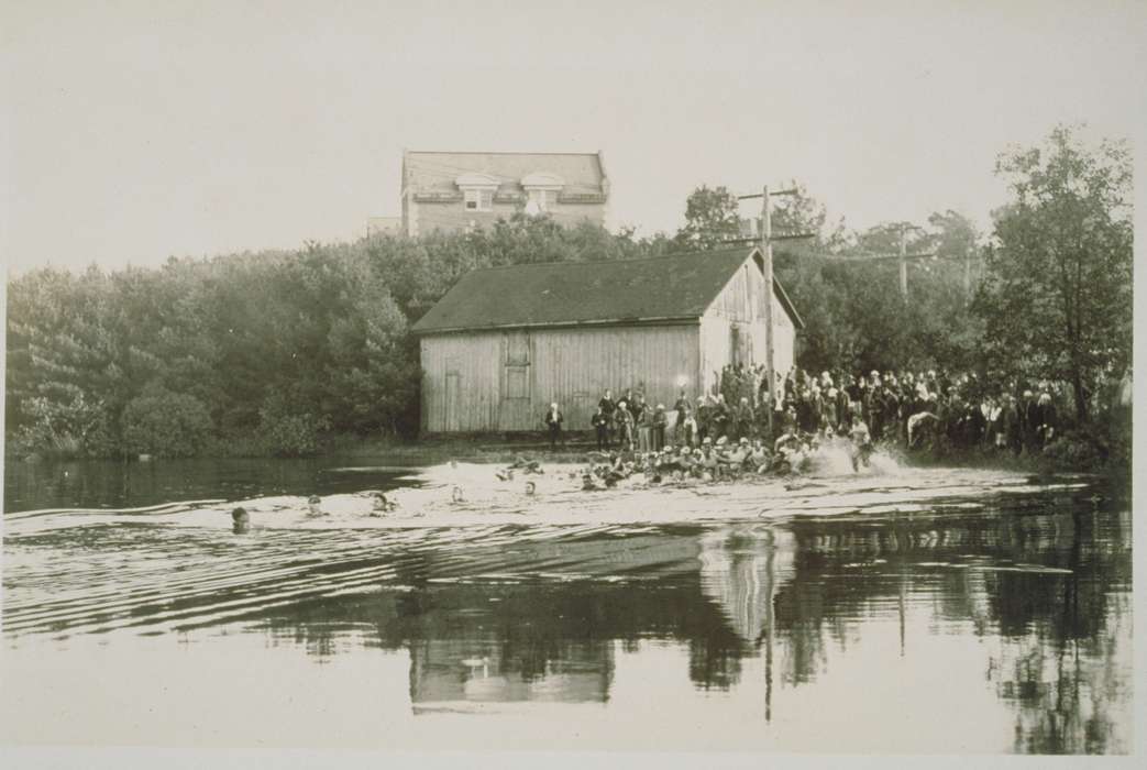Iowa History, barn, Barns, lake, Outdoor Recreation, Iowa, Archives & Special Collections, University of Connecticut Library, race, Lakes, Rivers, and Streams, tree, Storrs, CT, history of Iowa, pole