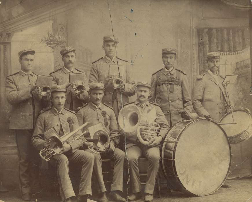 Entertainment, band uniform, Waverly Public Library, musicians, Iowa History, Portraits - Group, Waverly, IA, band, instruments, Labor and Occupations, Iowa, history of Iowa