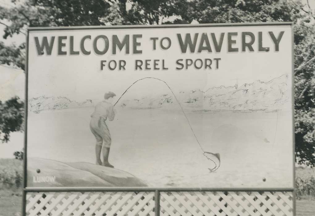 Waverly Public Library, Iowa History, fishing, history of Iowa, Waverly, IA, billboard, welcome, Iowa, sport