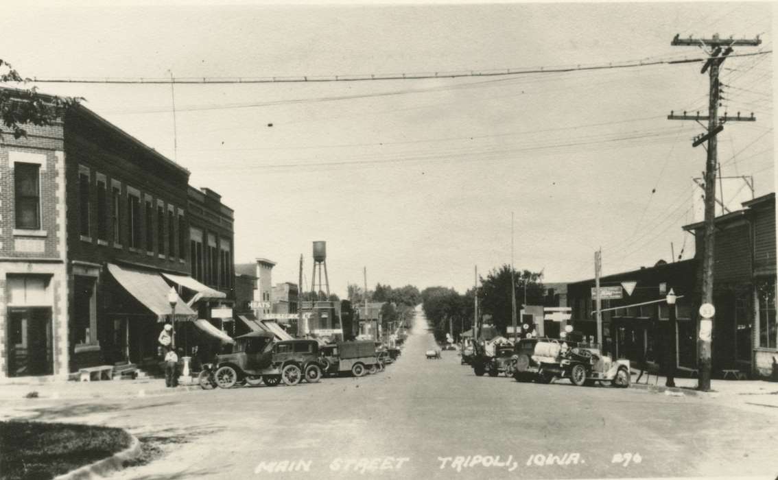 history of Iowa, Cities and Towns, car, White, Lisa, Iowa History, Iowa, downtown, Motorized Vehicles, Main Streets & Town Squares, Tripoli, IA