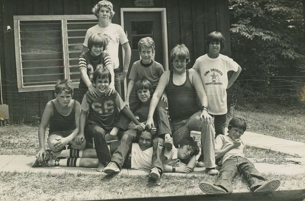 cabin, Iowa History, history of Iowa, Portraits - Group, Outdoor Recreation, ymca, boys, Comer, Lory, summer camp, Children, silly, Iowa, Boone County, IA