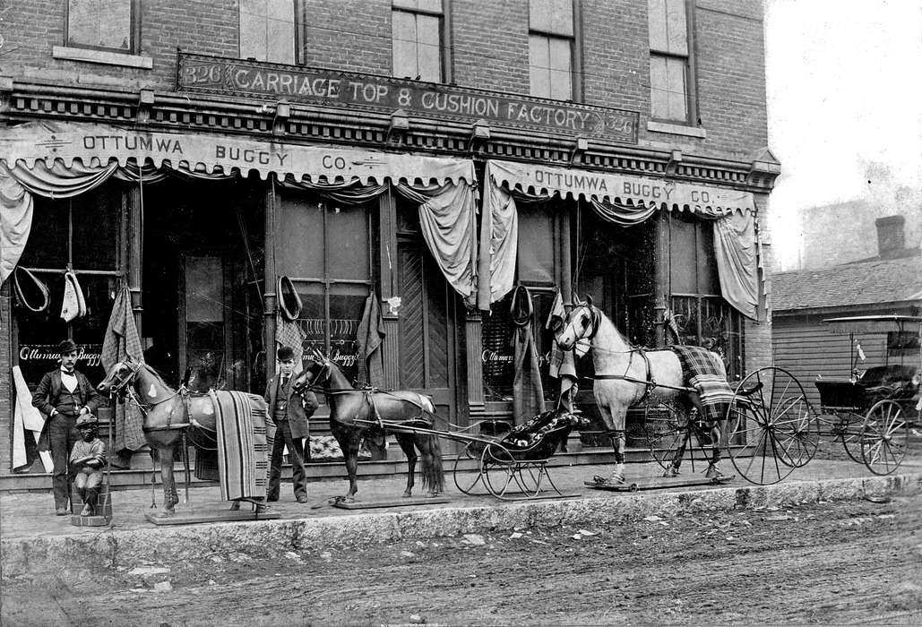history of Iowa, Iowa History, Animals, Ottumwa, IA, Businesses and Factories, Portraits - Group, Lemberger, LeAnn, Iowa, horse and buggy, storefront, sign, horse
