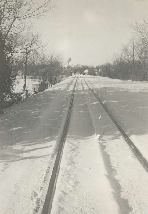 snow, Iowa History, Waverly, IA, railroad track, railroad bridge, winter, Iowa, water tower, Waverly Public Library, history of Iowa