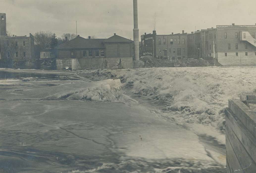 ice, Waverly, IA, Iowa, Waverly Public Library, Winter, Main Streets & Town Squares, river, dam, correct date needed, Iowa History, history of Iowa, Lakes, Rivers, and Streams, downtown, brick building, Businesses and Factories, cedar river