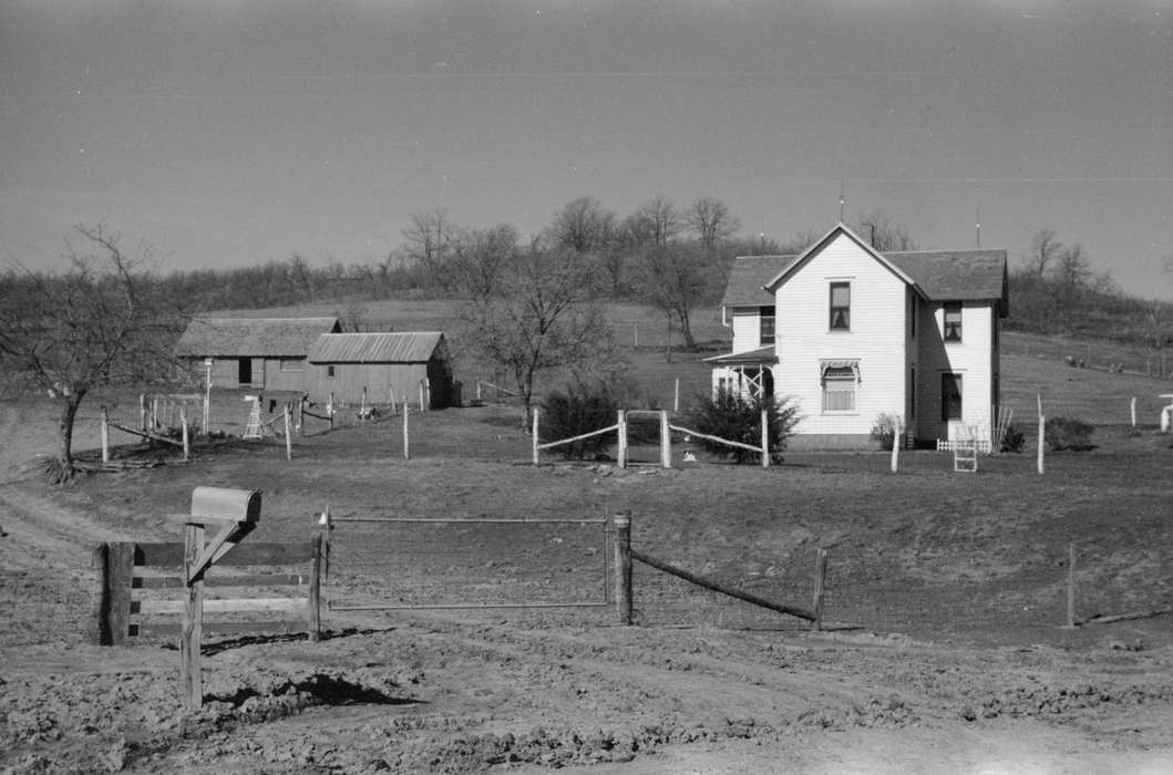 sheds, woven wire fence, barnyard, Barns, homestead, Farms, farmhouse, mailbox, Iowa History, Iowa, history of Iowa, barbed wire fence, Library of Congress
