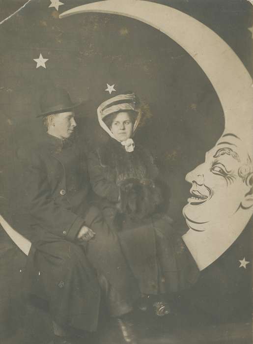 Portraits - Group, Black Hawk, Iowa, muff, man, portrait, O'Brink, Lisa, history, Waterloo, moon, peacoat, ia, studio, historic, United States, bowler hat, couple, stars, fur coat, Photos, IA