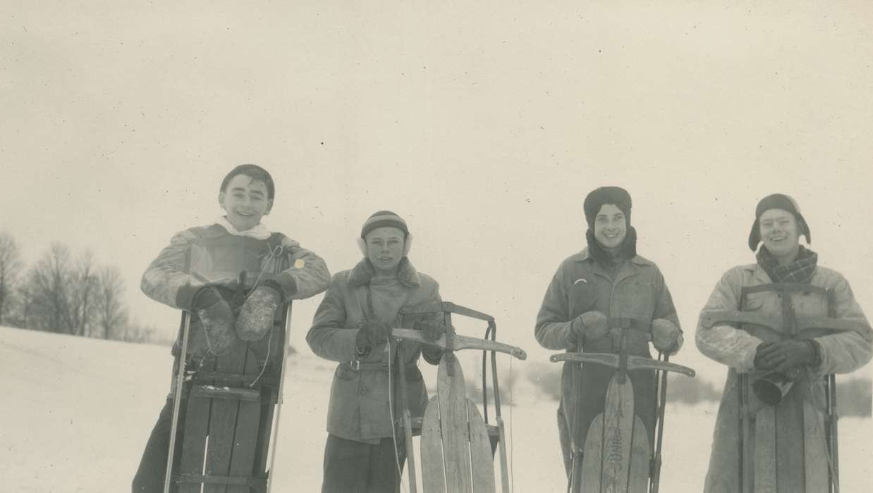 McMurray, Doug, boy scout, snow, gloves, mittens, Outdoor Recreation, Iowa History, Portraits - Group, Iowa, winter, history of Iowa, Webster City, IA, sled, Children