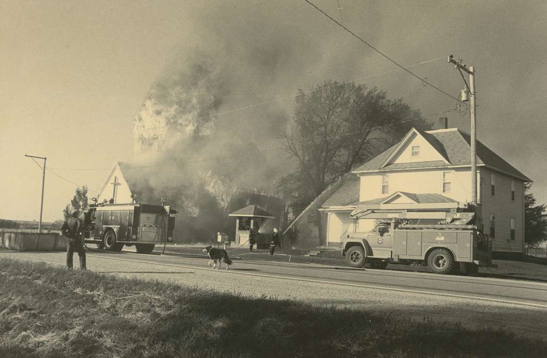 history of Iowa, fireman, Religious Structures, Siegel, IA, Wrecks, fire, fire truck, house, Iowa, Iowa History, Waverly Public Library, Motorized Vehicles, church, Labor and Occupations, fire engine, dog