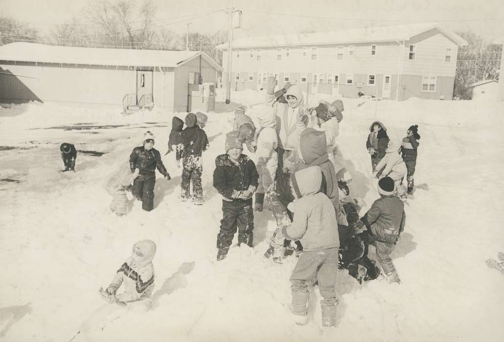 snow, playground, playing, Iowa, Children, Iowa History, Waverly, IA, Waverly Public Library, winter, children, portable school room, history of Iowa
