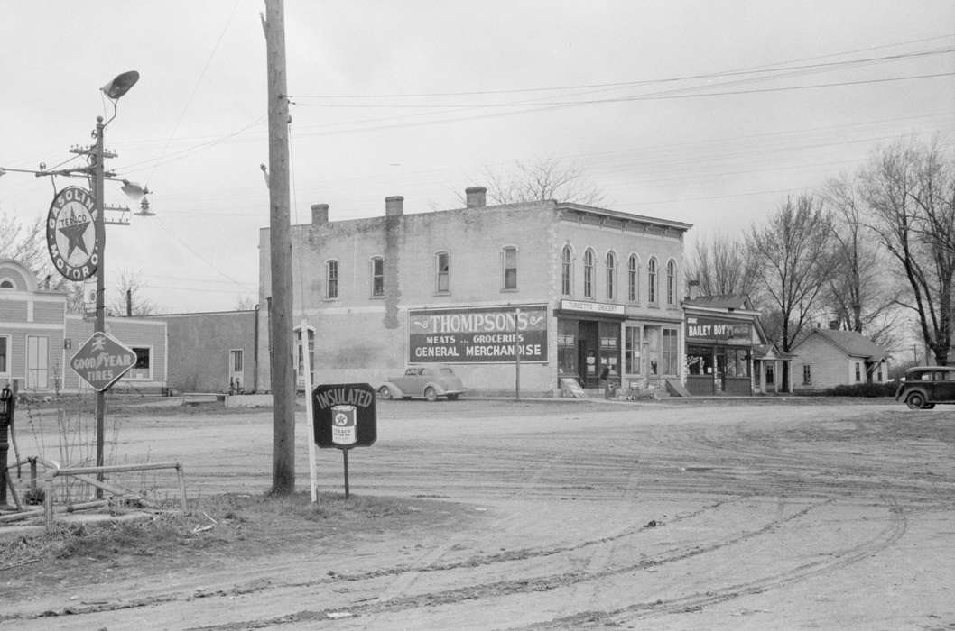 Cities and Towns, Iowa, Iowa History, cars, brick building, general store, Businesses and Factories, history of Iowa, Motorized Vehicles, electrical pole, dirt street, power lines, trees, house, Library of Congress, texaco