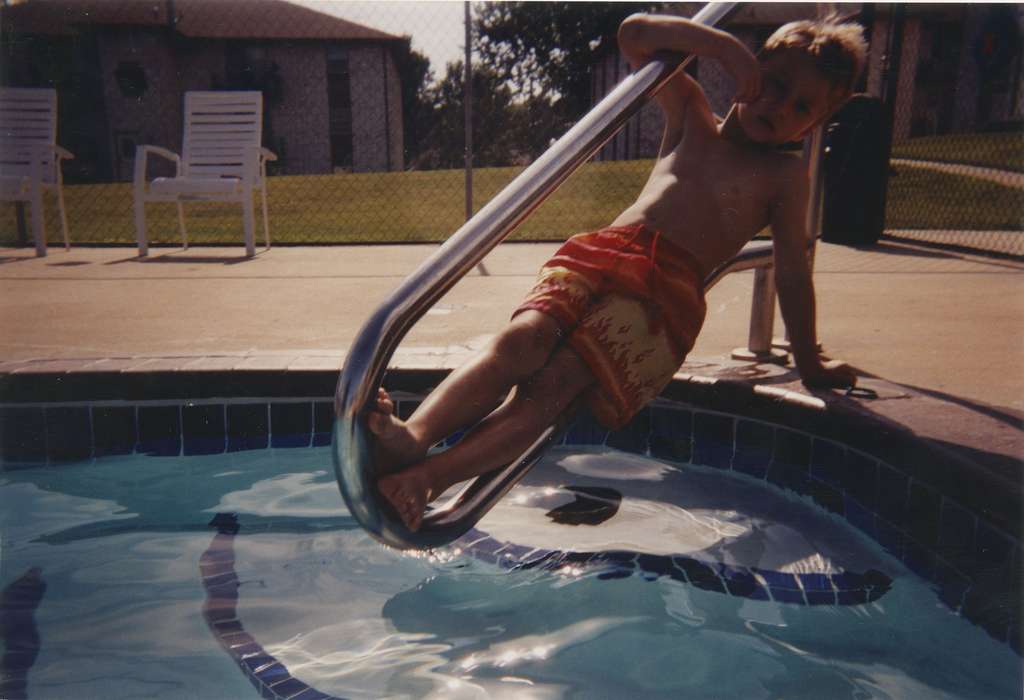 Children, Scholtec, Emily, Leisure, railing, pool, Iowa History, fence, lawn chair, Portraits - Individual, Iowa, bathing suit, history of Iowa, IA, swimming suit, swimsuit