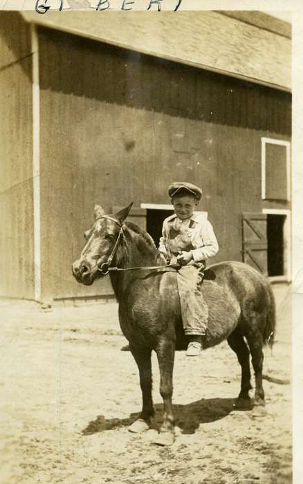 horse, Iowa History, child, Farms, boy, barn, overalls, history of Iowa, Langel, Craig, Le Mars, IA, Animals, Children, Iowa