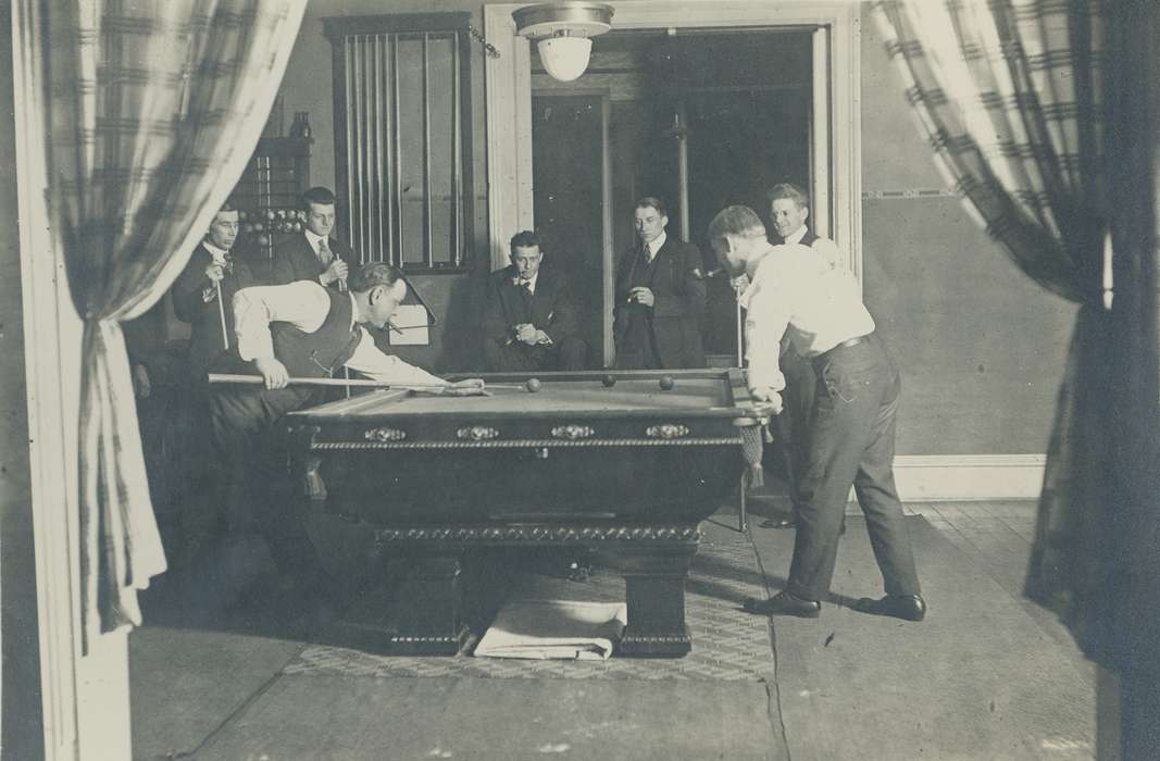 billiard table, Leisure, draped curtain, light, pool table, party, Iowa History, social, Entertainment, suit, Waverly, IA, Iowa, correct date needed, Waverly Public Library, curtain, Civic Engagement, history of Iowa