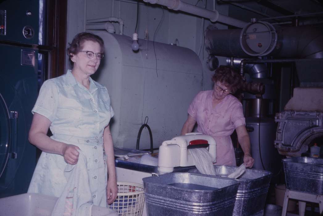 cleaning, Iowa, dress, women, women at work, Iowa History, history of Iowa, Western Home Communities, glasses, basket, Labor and Occupations, laundry