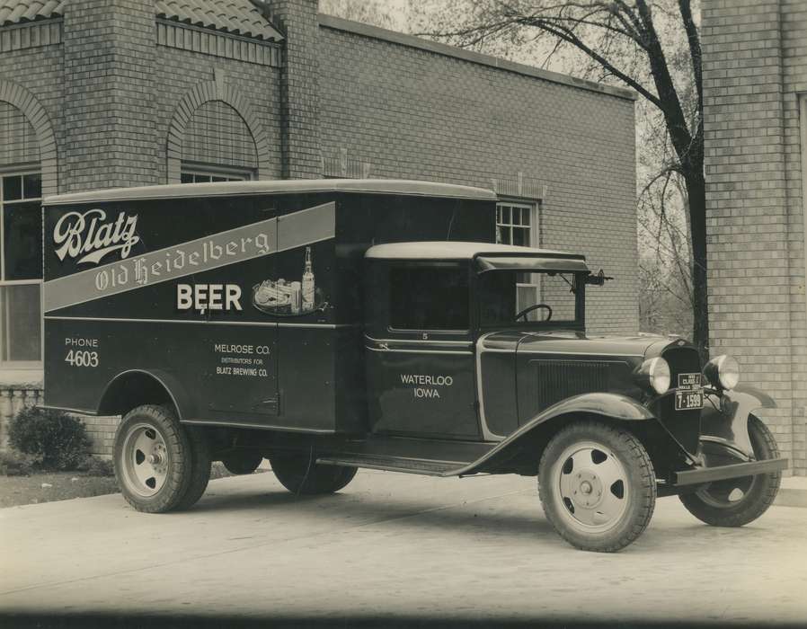 Motorized Vehicles, truck, Iowa, beer, Businesses and Factories, phone number, wheel, headlights, O'Brink, Lisa, blatz, tire, Labor and Occupations, Iowa History, bricks, tires, history of Iowa, Cities and Towns