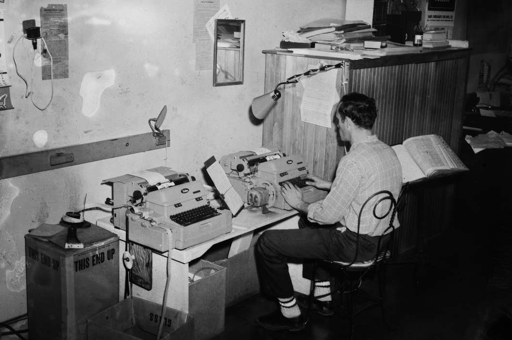 Portraits - Individual, United States, history, ia, Photos, typewriter, Labor and Occupations, Coon Rapids Enterprise, historic, Iowa, men at work, IA, flash, Coon Rapids