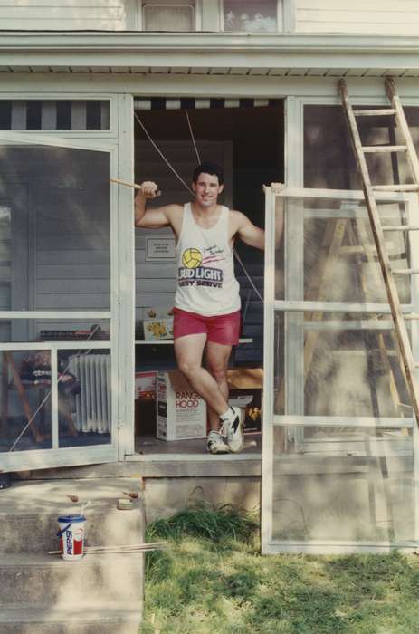 young man, screened porch, ladder, home renovation, Iowa History, Burlington, IA, Portraits - Individual, Iowa, Higgins, Sarah, history of Iowa