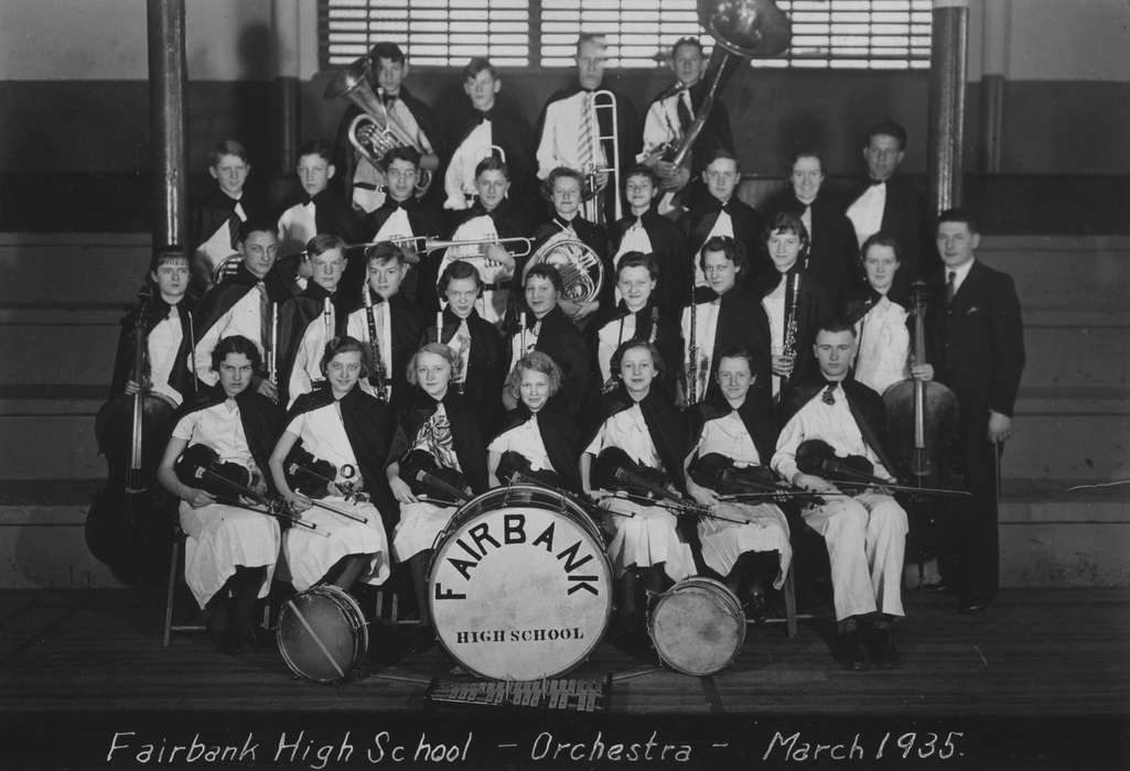 bass drum, tuba, Schools and Education, dress clothes, Iowa, Iowa History, Portraits - Group, King, Tom and Kay, violin, orchestra, IA, history of Iowa