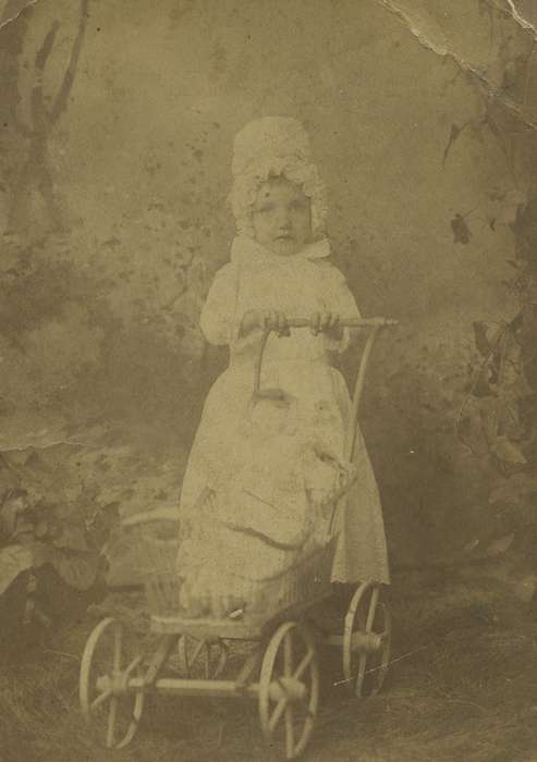 cabinet photo, Iowa History, doll carriage, Olsson, Ann and Jons, history of Iowa, girl, bonnet, doll, Portraits - Individual, wicker, Leon, IA, Iowa